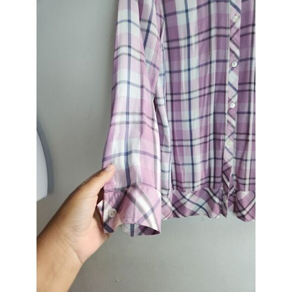J.Jill Purple Lavender White Plaid Ruffle Bottom Button Down Shirt size Medium - Picture 6 of 8